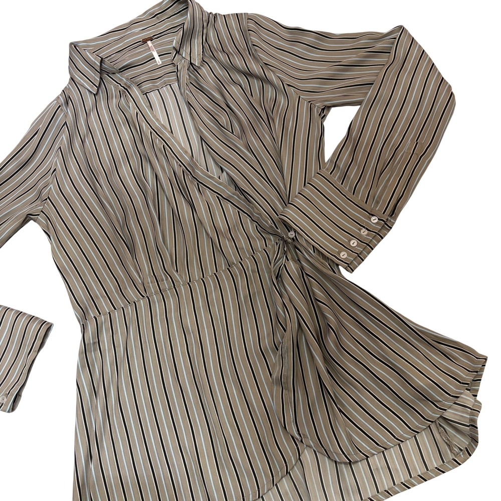 Free People Wrap Top Women Size‎ S Taupe Striped Long Sleeve Surplice Blouse